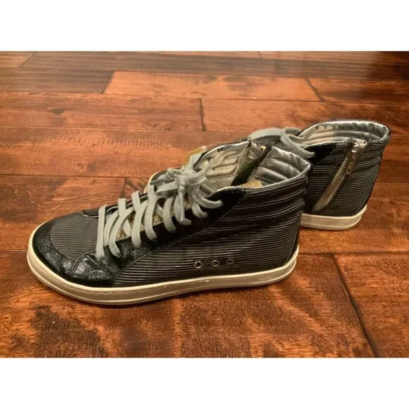 P448 Gray & Black Ribbed High-Top Sneakers Gold Tongue, Size 6 (US) 36 (IT)